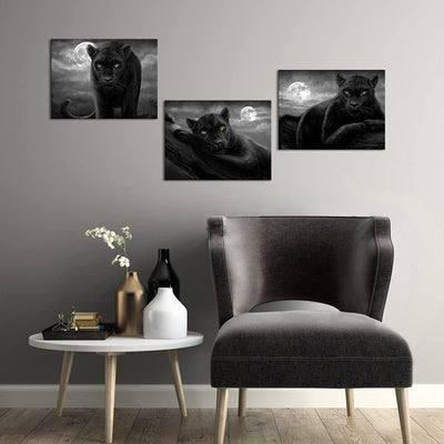 Lienzo decorativo leopardo negro blanco y luna llena