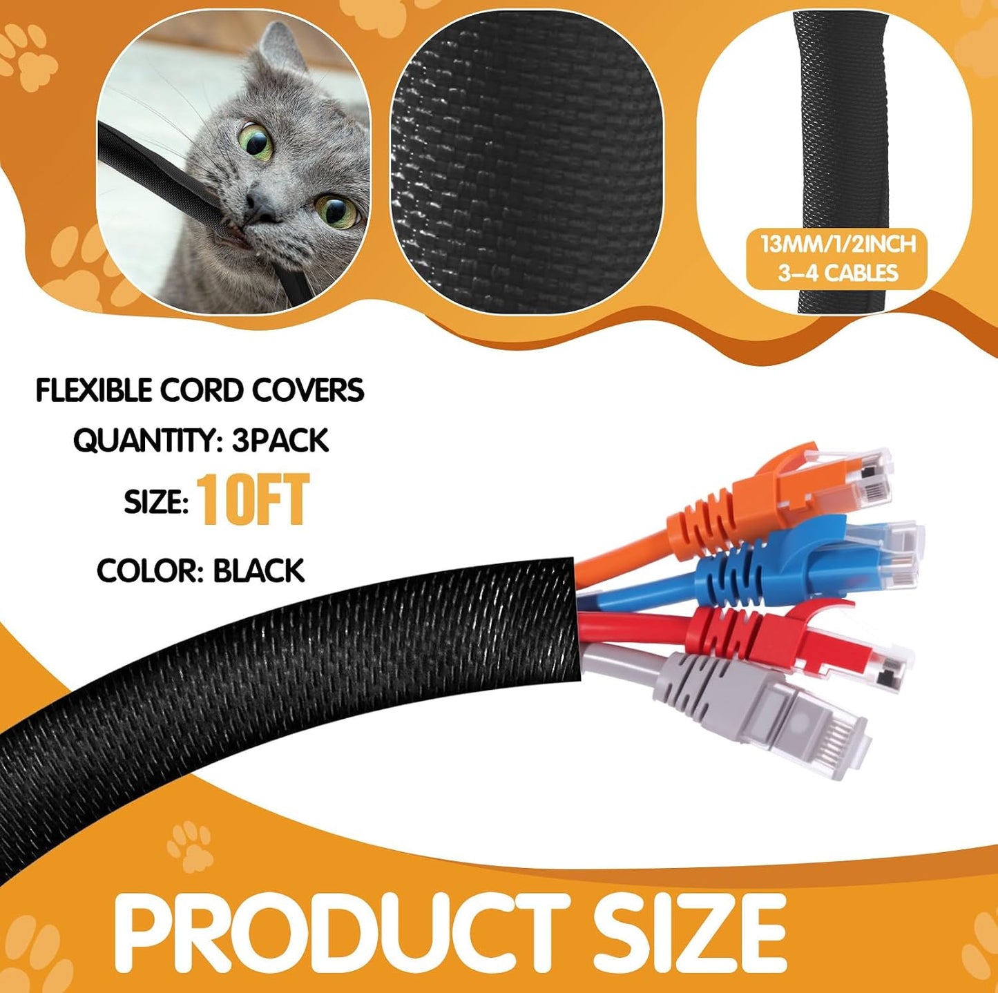 3 Fundas Cable 30ft para Mascotas 1/2pulg Negro