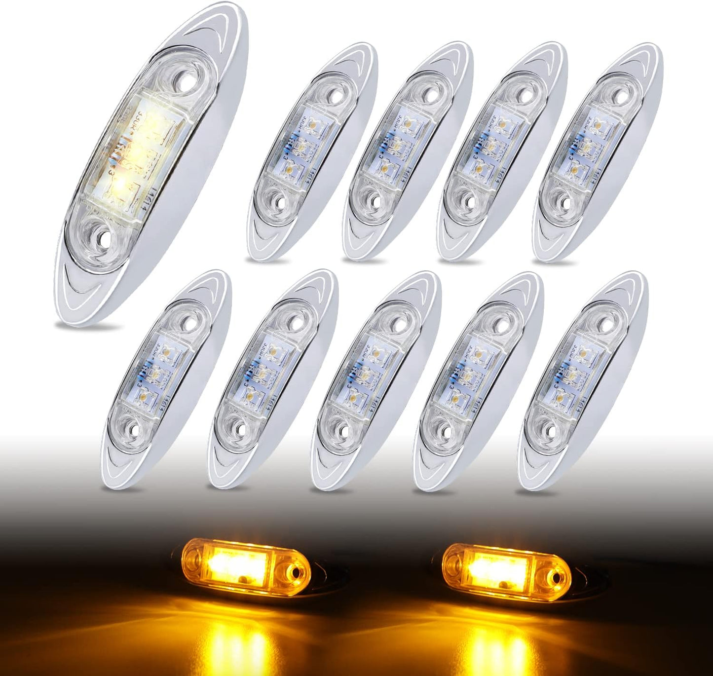 10 Indicadores LED Ámbar Claro Bisel Cromado Universal