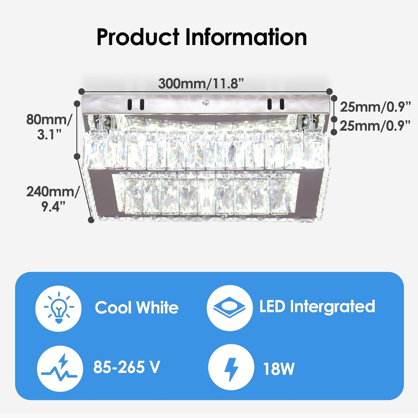 Lámpara techo LED rectangular cristal 11.8x9.1pulg blanco