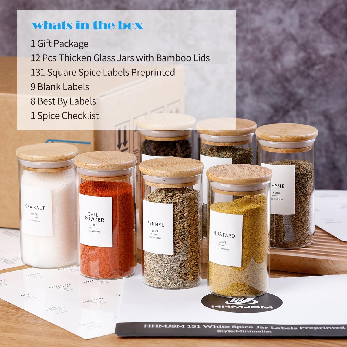 12 Tarros Vidrio Especias 8oz con Tapas Bambú