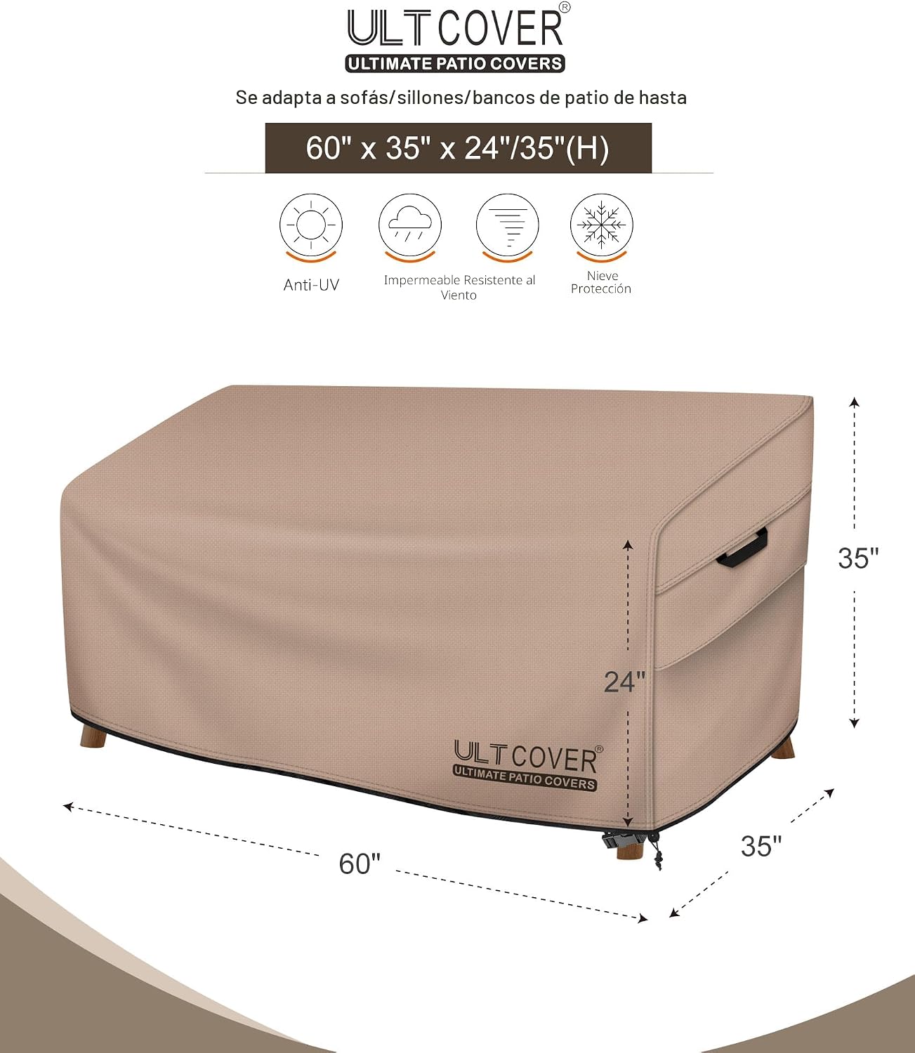 Funda sofá patio 60x35x35pulg impermeable 2 plazas