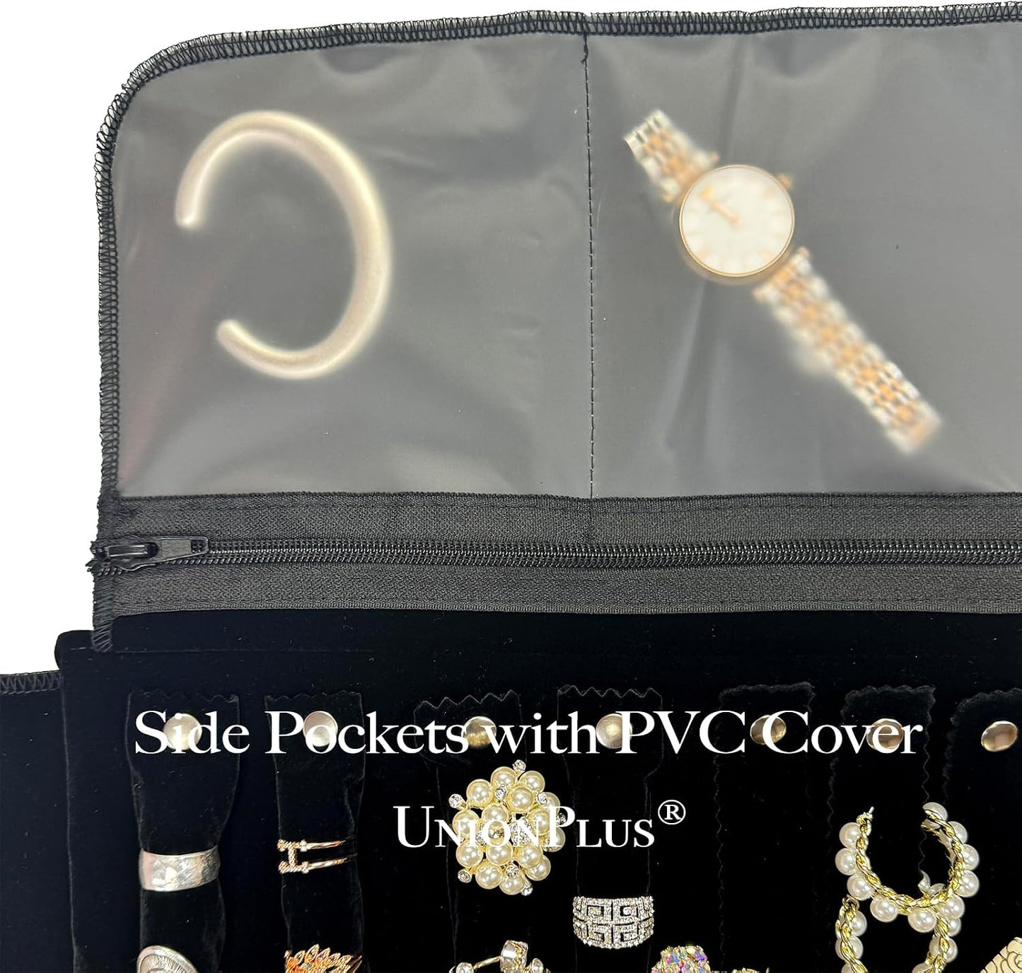 Estuche terciopelo joyas viaje 6 bolsillos PVC negro
