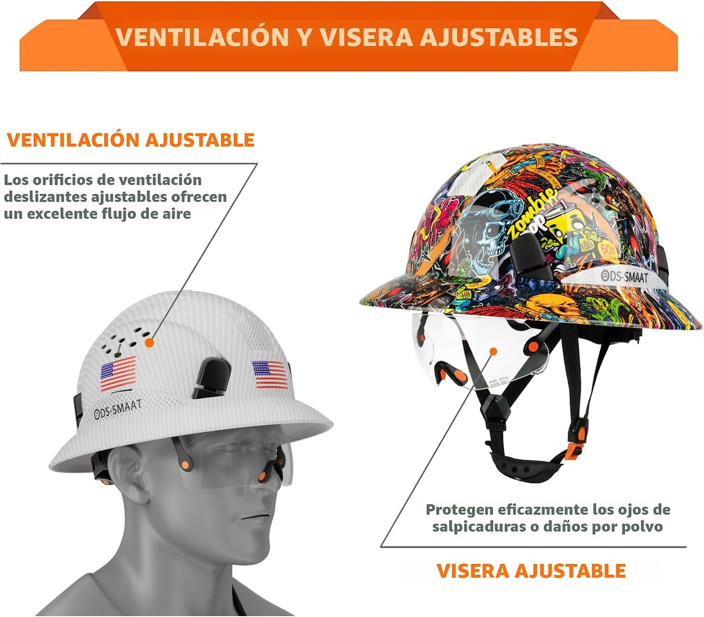 Casco seguridad ala completa visera aprobado ANSI Z89.1