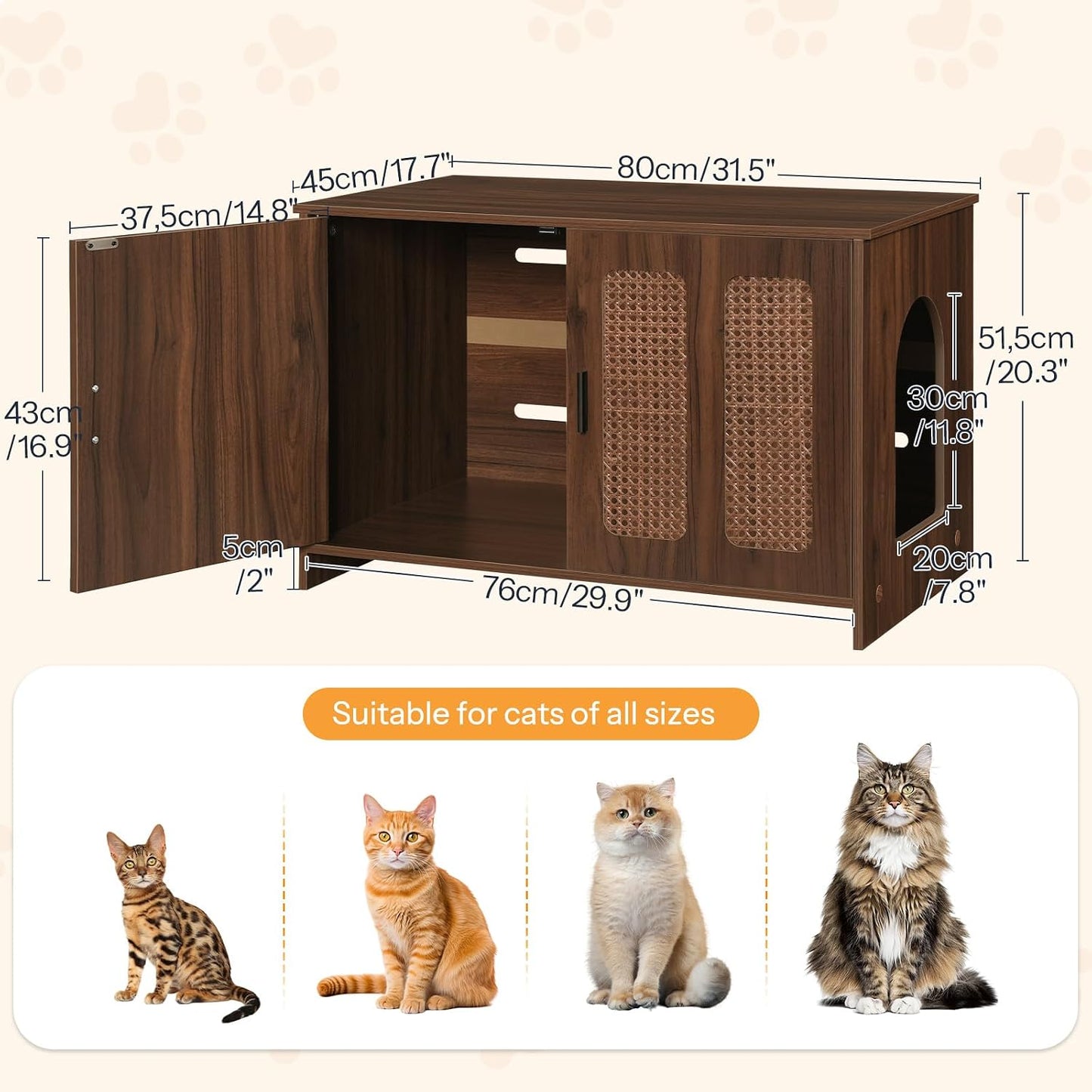 Caja arena gatos mueble oculto entrada lateral rejillas nogal