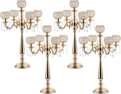 4 Candelabros Cristal 5 Brazos Mesa Boda Dorado Elegante