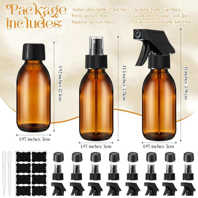 Set 8 Botellas Spray Vidrio Ámbar 4oz Recargables con Gotero