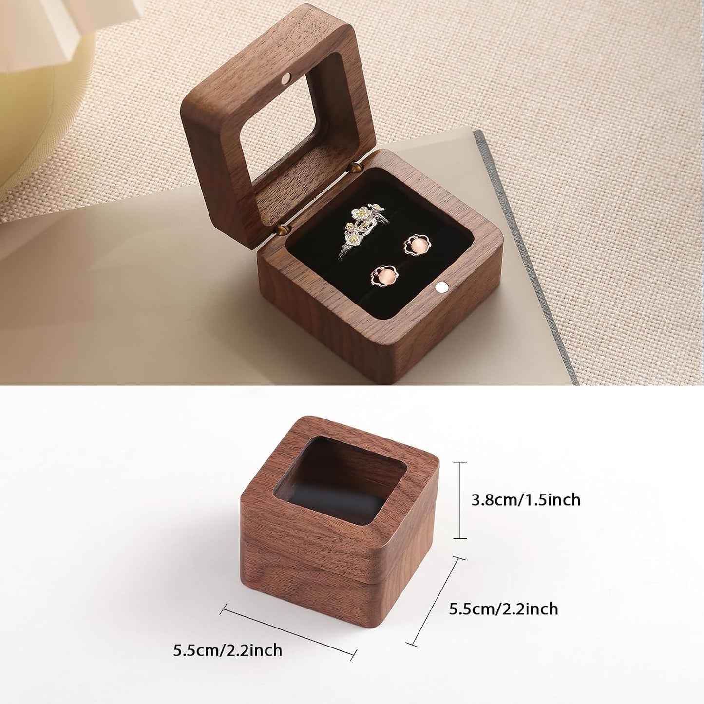 Caja madera anillo compromiso doble ranura negro
