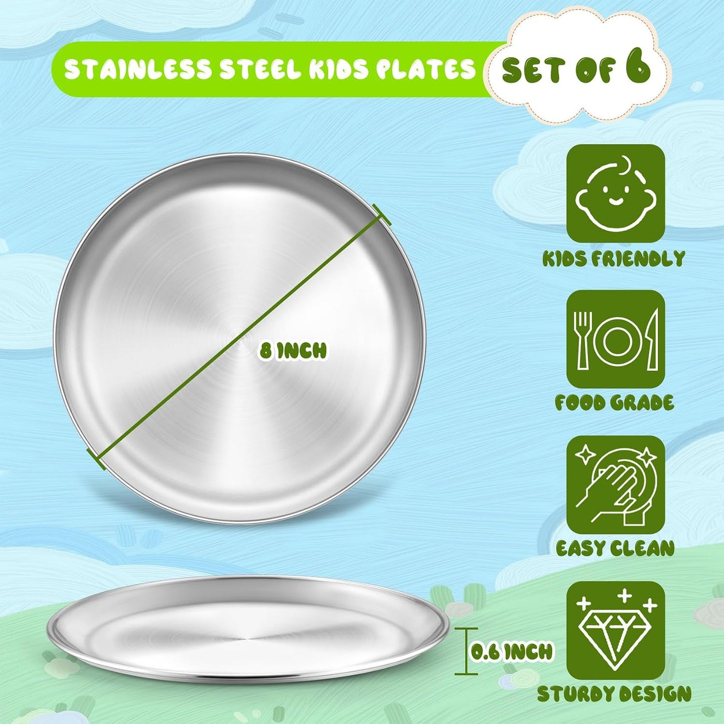 Set 6 platos acero inox para bebé 8pulg plateado