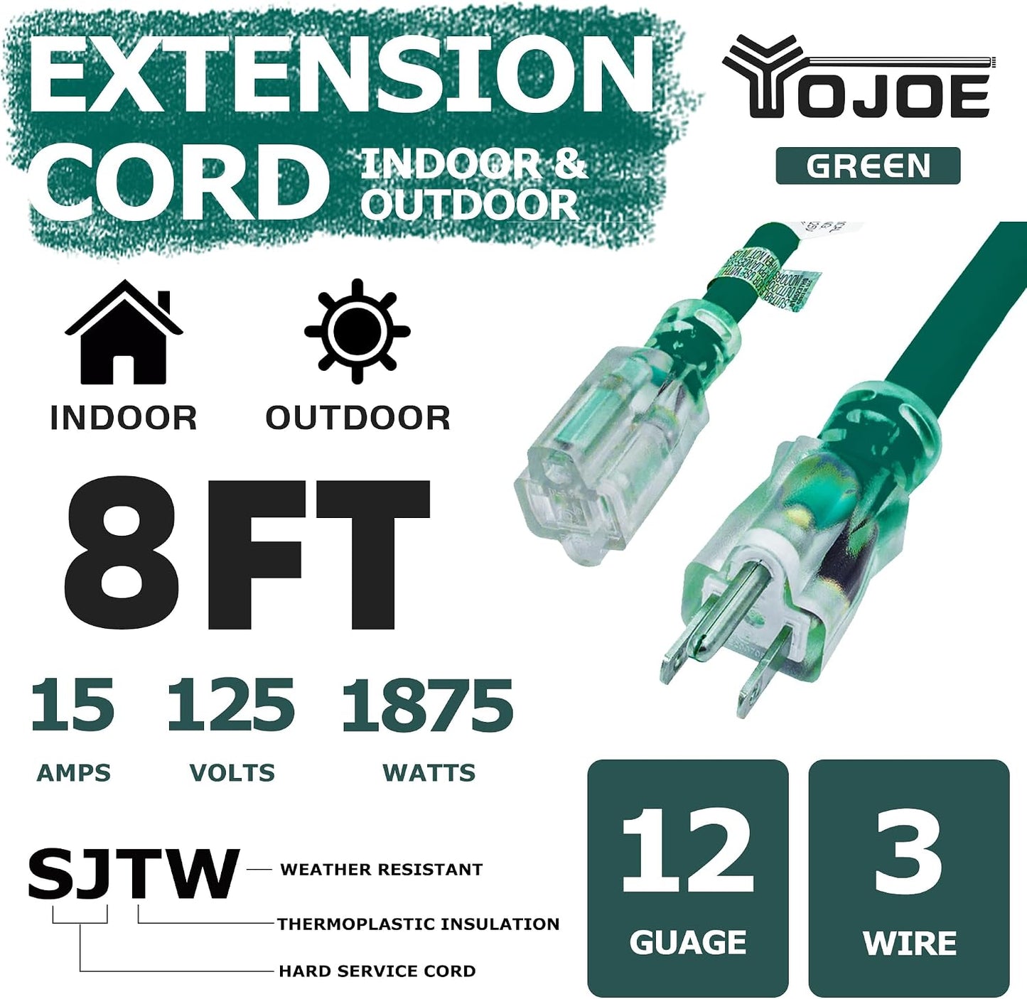 Cable extensión 8ft 15A resistente con extremo iluminado