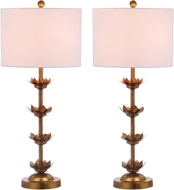 2 Pzas Lámpara Mesa Lani Hoja Dorada 32" Blanca LED