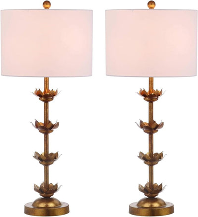 2 Pzas Lámpara Mesa Lani Hoja Dorada 32" Blanca LED