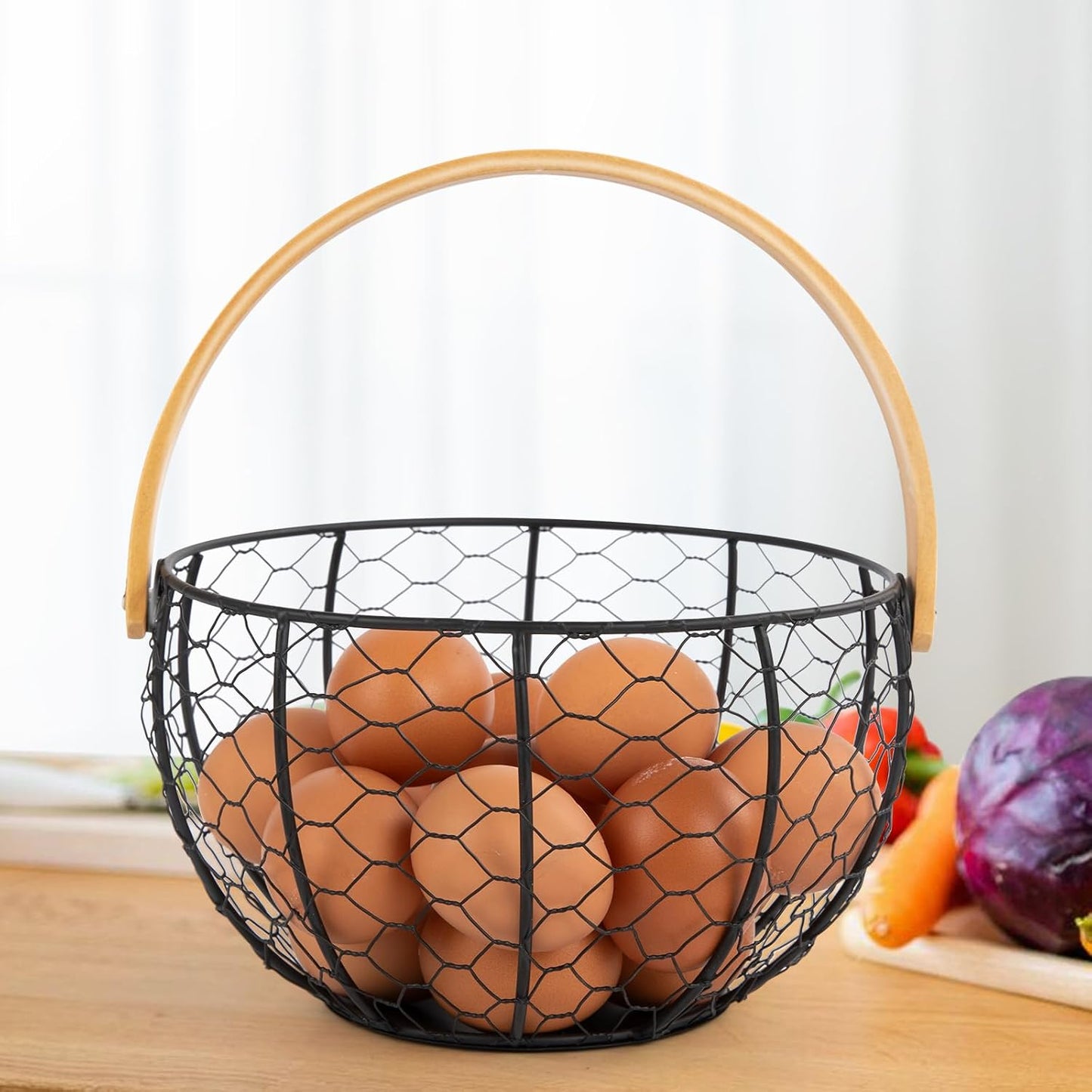 Cesta alambre para huevos de granja mango madera vintage