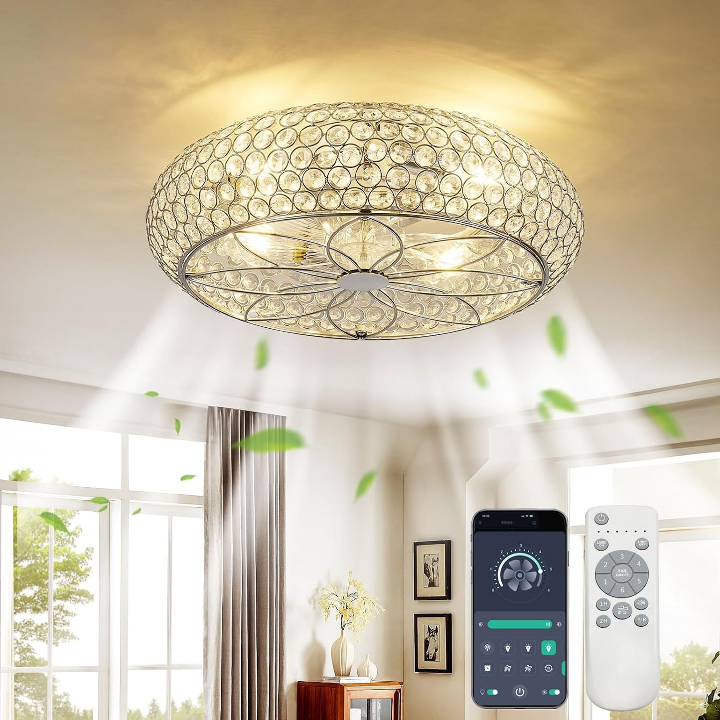 Ventilador techo cromado con luz 20pulg cristal 6 velocidades