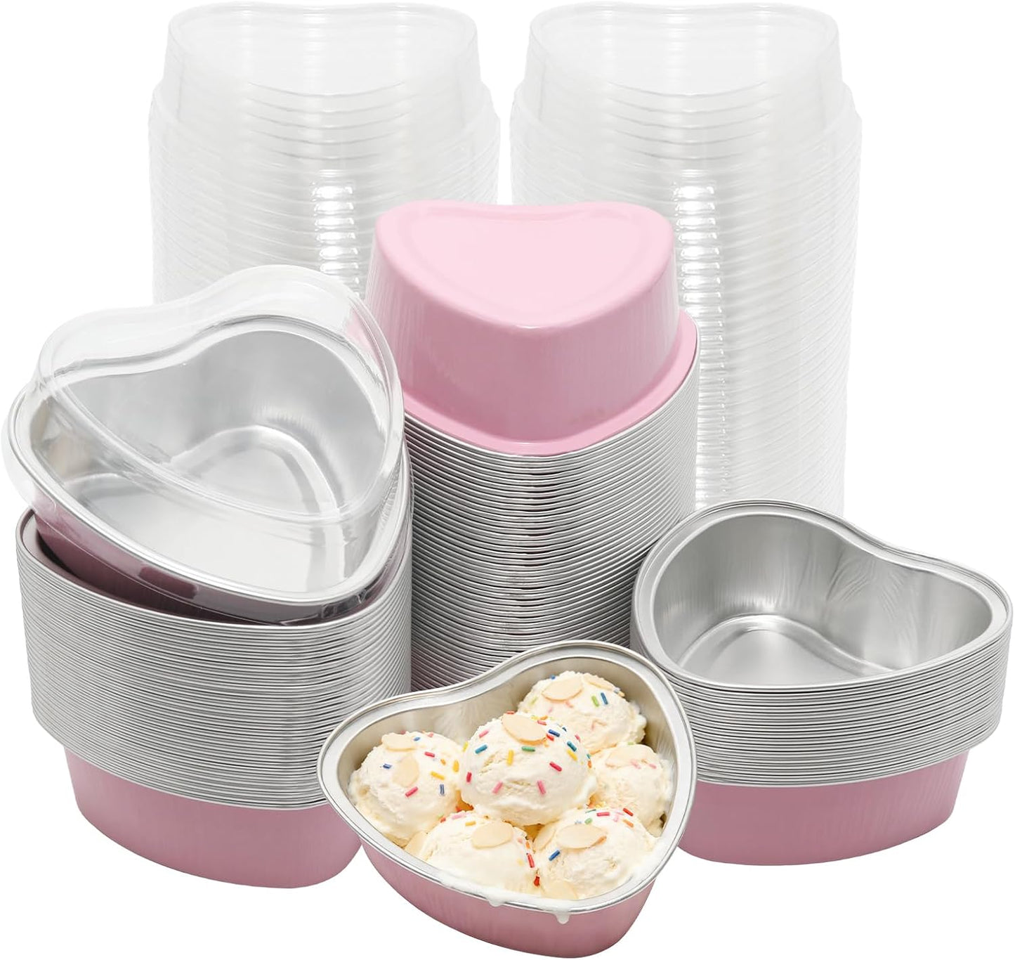 100 Moldes Aluminio 3.4oz Corazón Cupcakes Tazas Flan Rosa