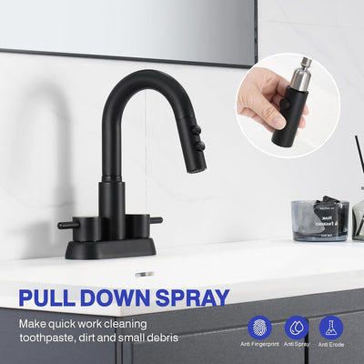 Grifo baño 4pulg negro mate con pulverizador extraíble