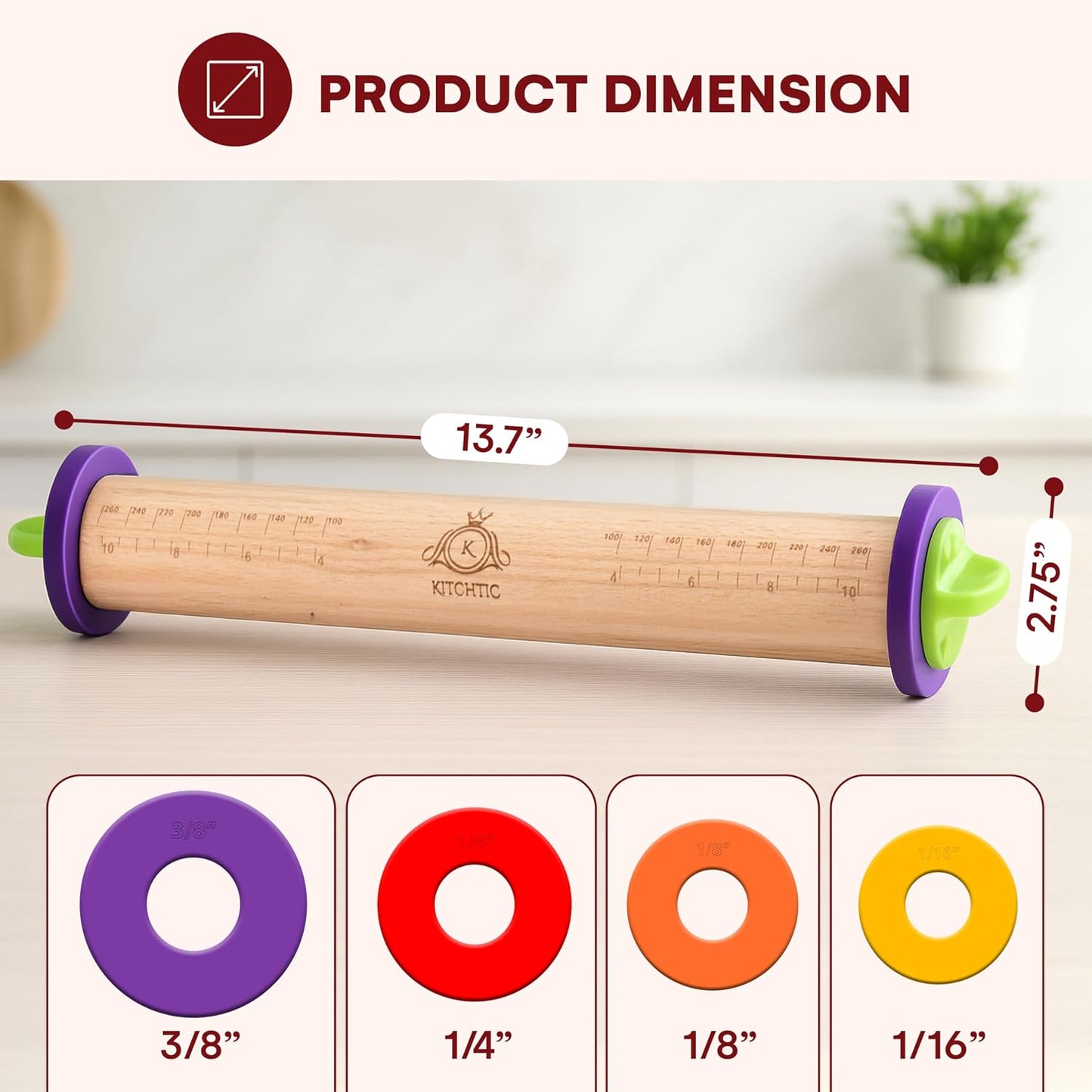 Rodillo madera haya ajustable para hornear 13.7x2.75pulg