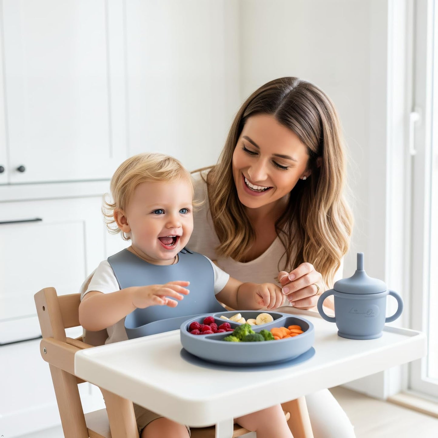 Set alimentación silicona bebé 10 pzas platos sin BPA gris
