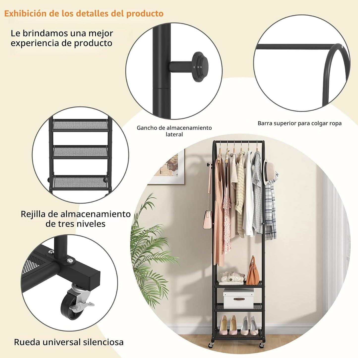 Perchero ropa con ruedas 3 estantes metal 71.8" negro