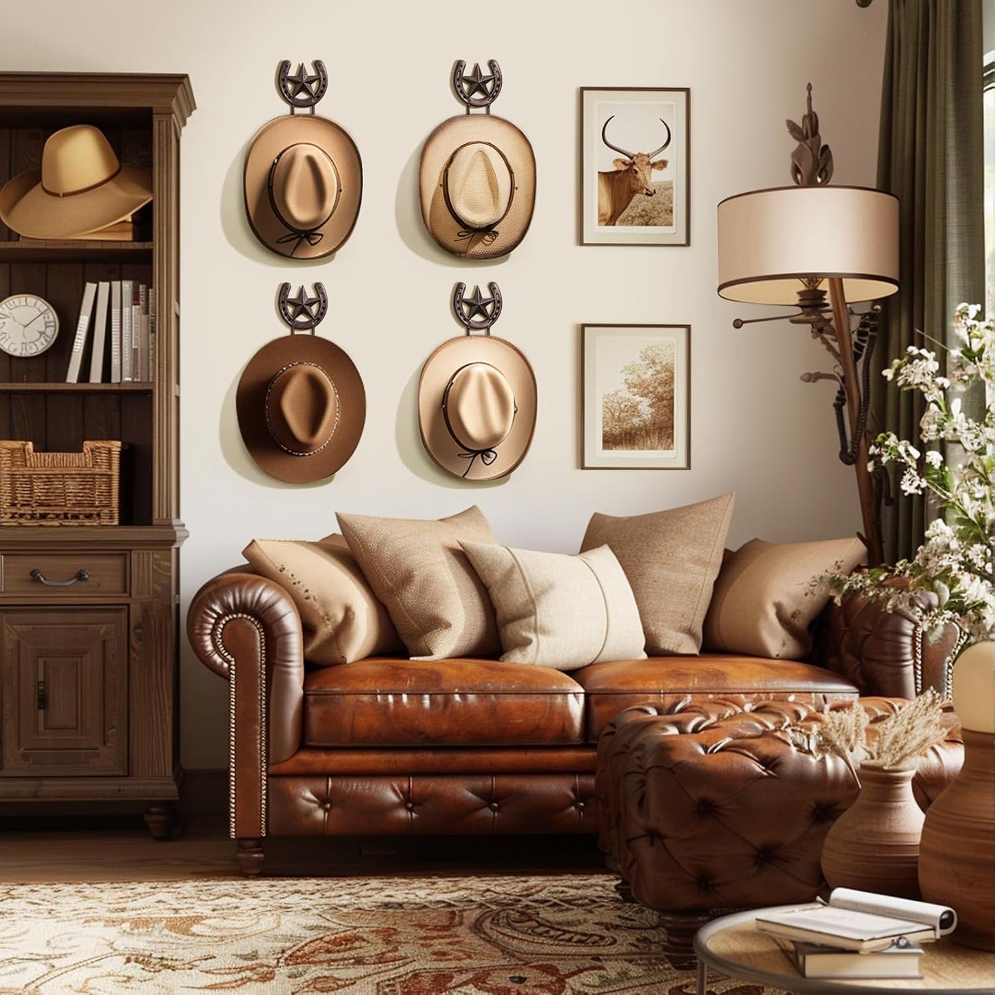 Percha sombrero vaquero set 4 ganchos metal decoración
