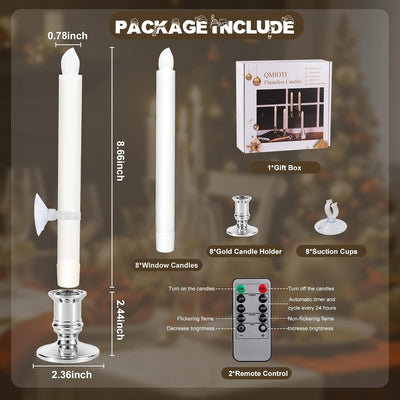 8 Velas LED Navidad con Control Remoto Temporizador Plateado