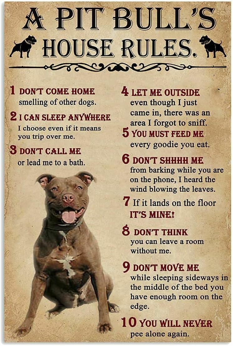 Letrero metal vintage Pit Bull House Rules 12x8"