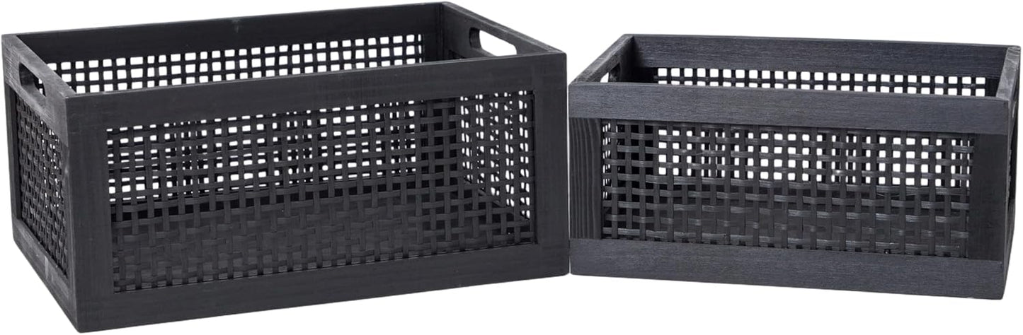 Cestas almacenamiento bambú tejido negro asa integrada set 2