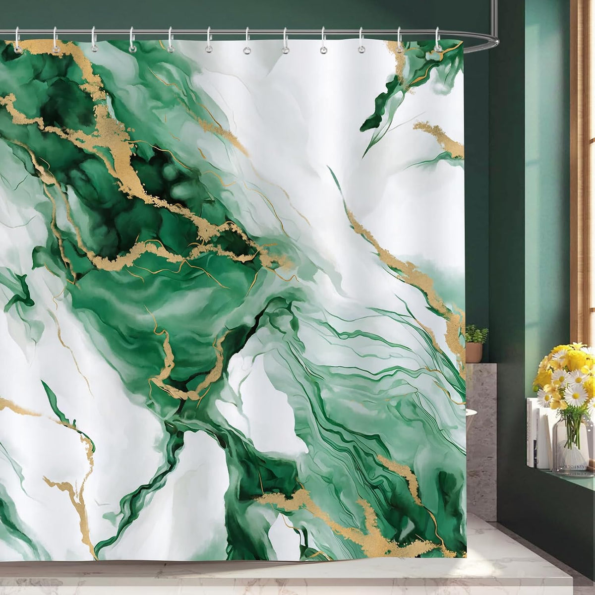 Cortina ducha mármol verde 72x72pulg tela poliéster impermeable
