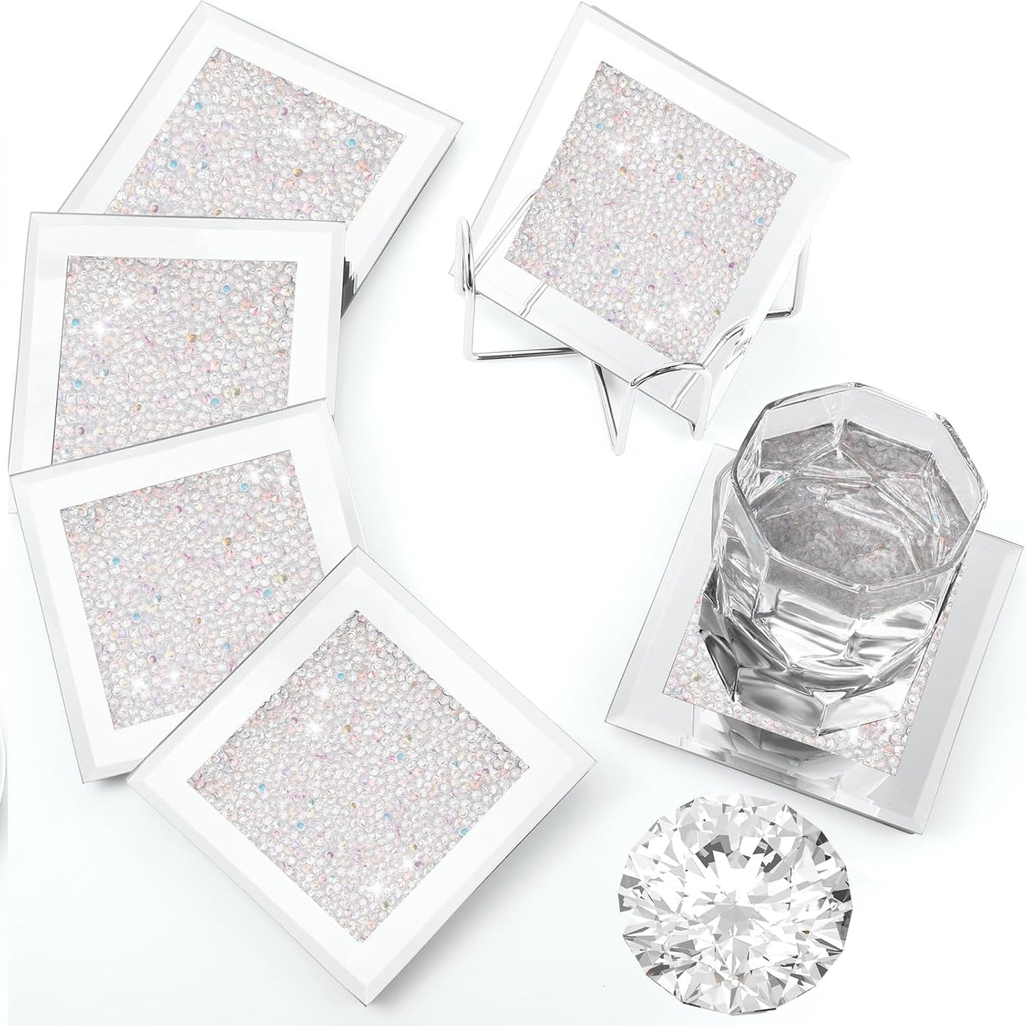 6 Posavasos Cristal Diamantes con Soporte Espejo