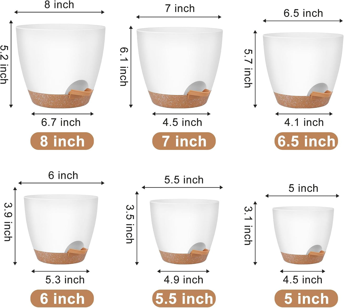 6 Pzas Macetas Plástico con Autoriego 8/7/6.5/6/5.5/5pulg