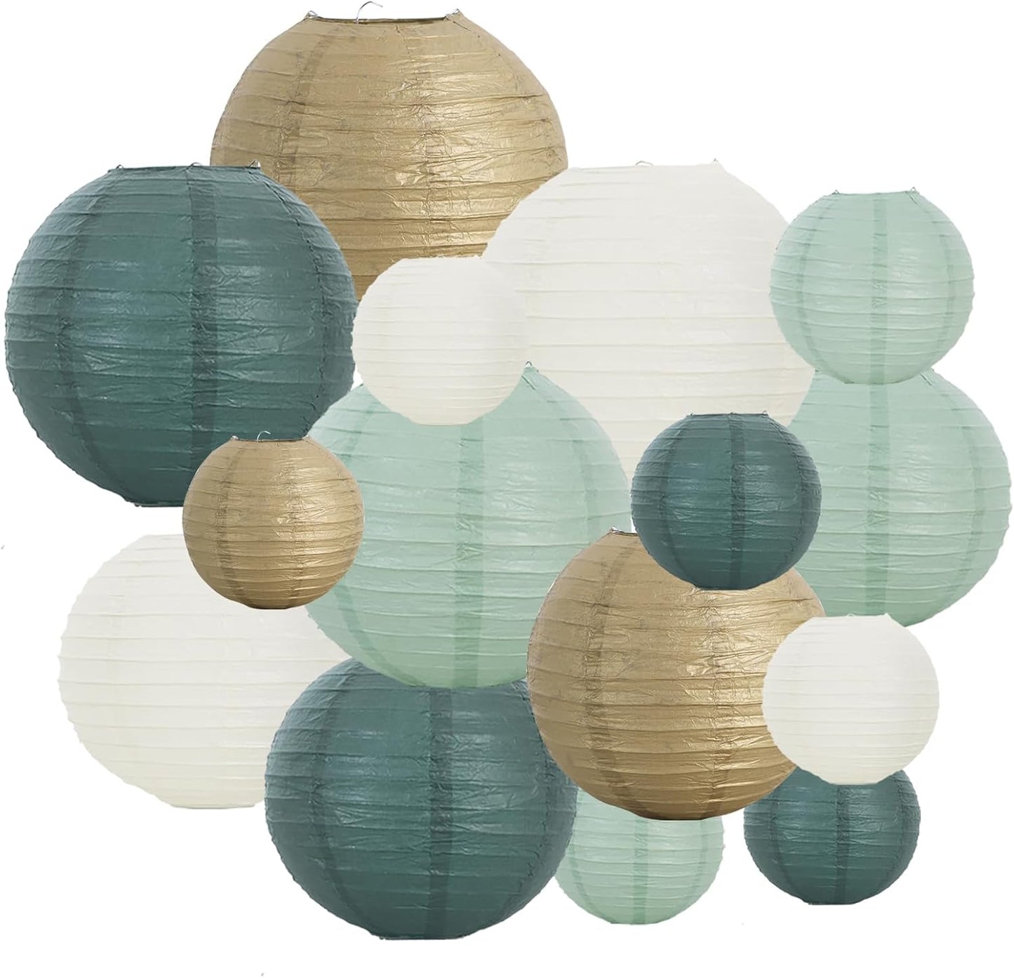 16 Pzas Linternas Papel Verde Salvia Dorado Colgantes Decorativas