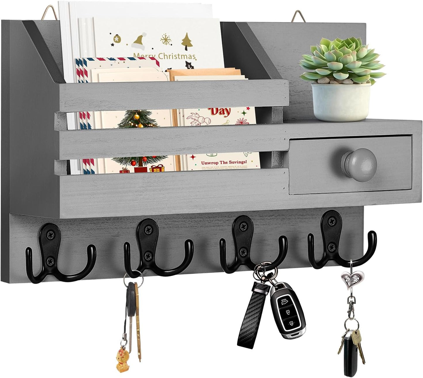 Soporte llaves pared organiz. 8 ganchos madera gris