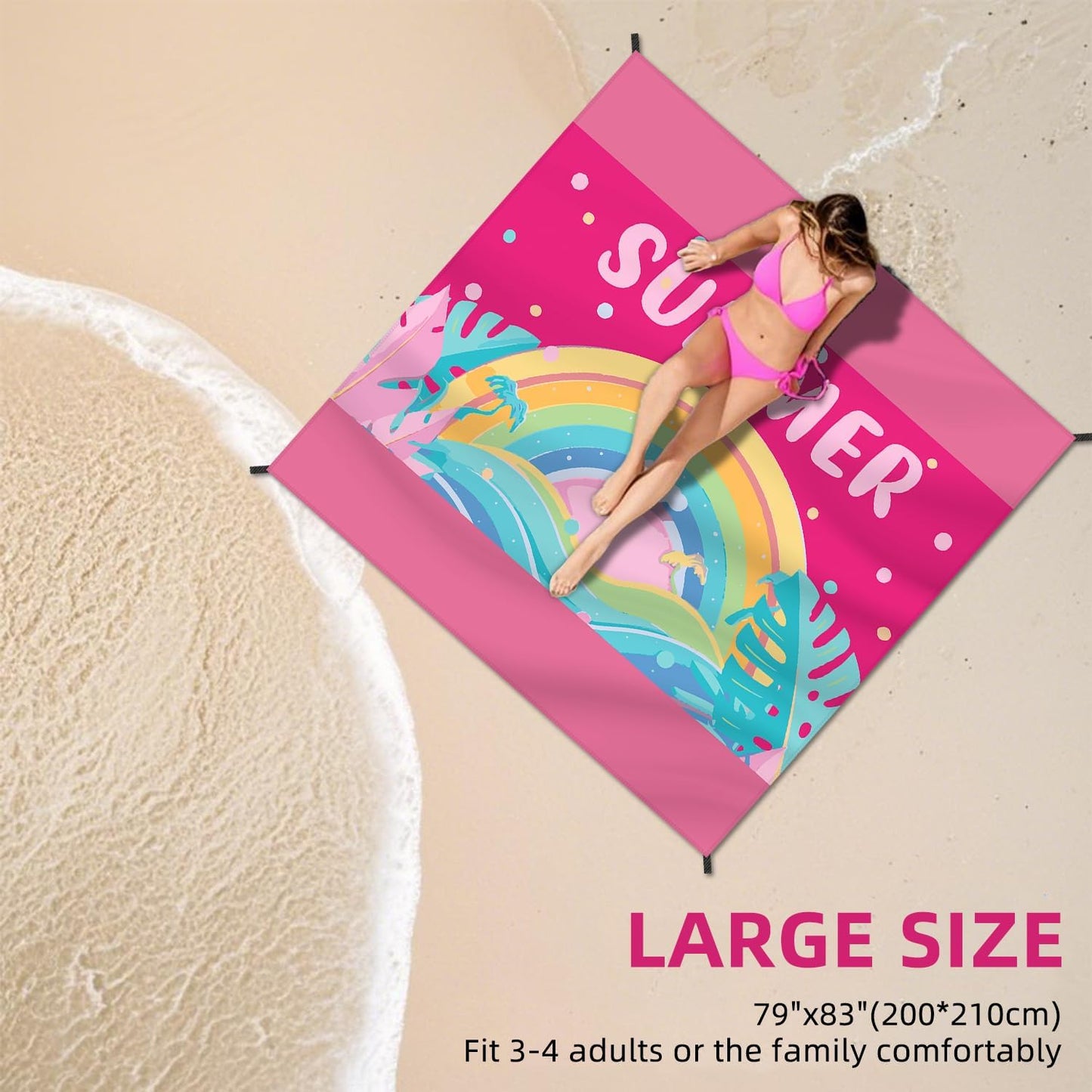 Manta playa impermeable 79x83pulg con estacas y bolsillos rosa