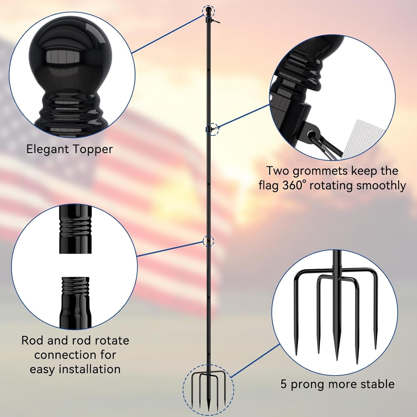 Mástil bandera acero inox 8ft base 5 puntas sin enredos