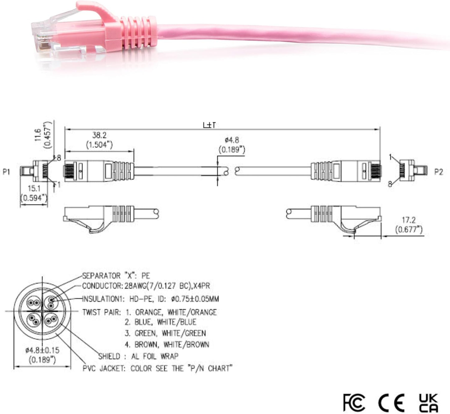 Cable Ethernet UTP Cat6a 15pies sin blindaje rosa