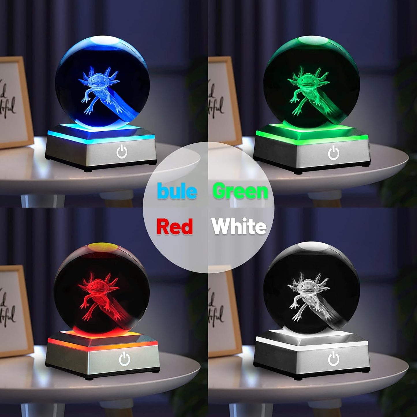 Luz nocturna ajolote 3D cristal con base táctil LED