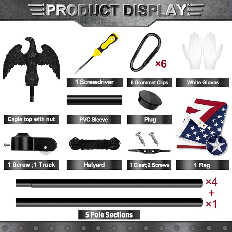 Kit asta bandera aluminio 20" con bandera 3x5"