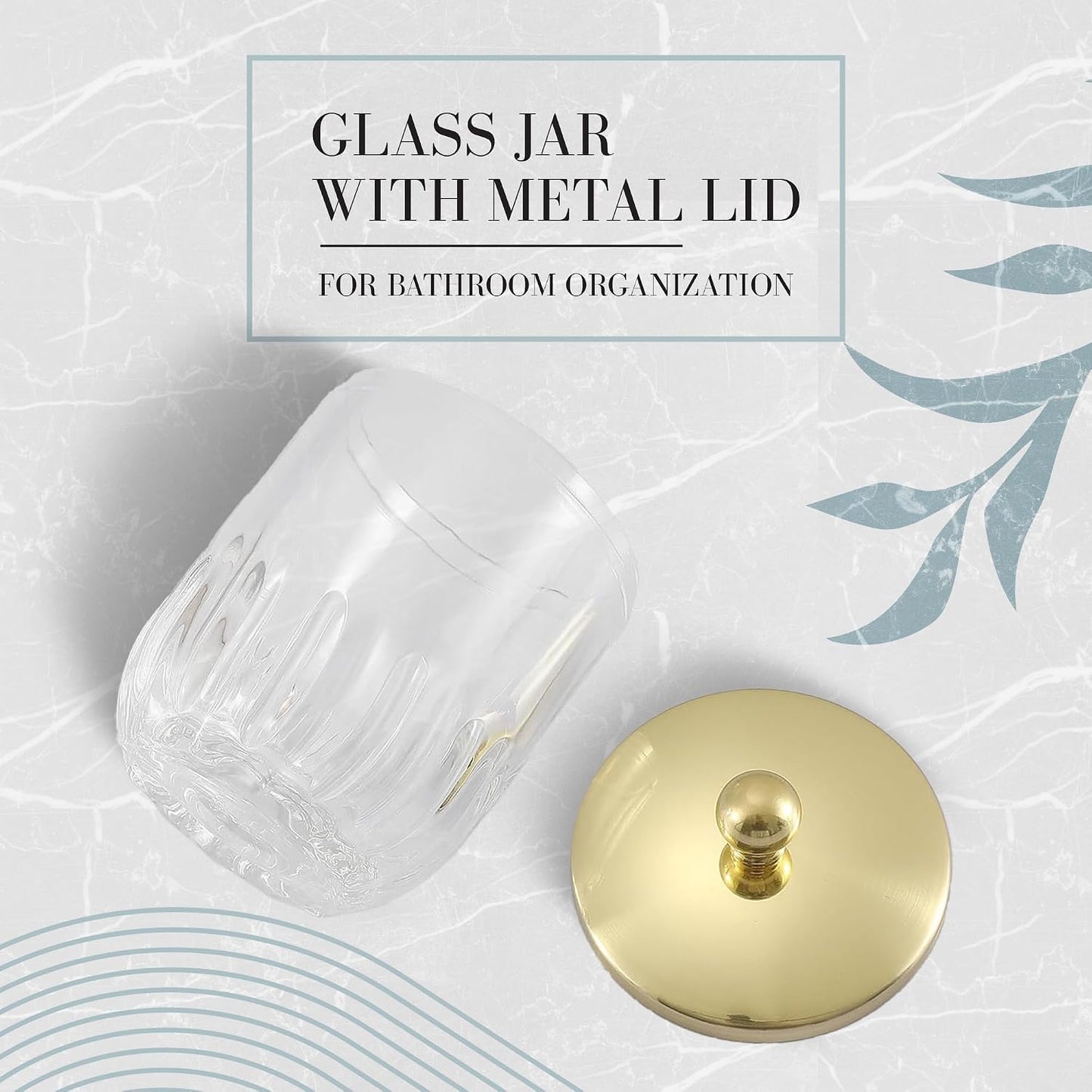 Tarro vidrio ondulado vertical con tapa metal dorado para baño
