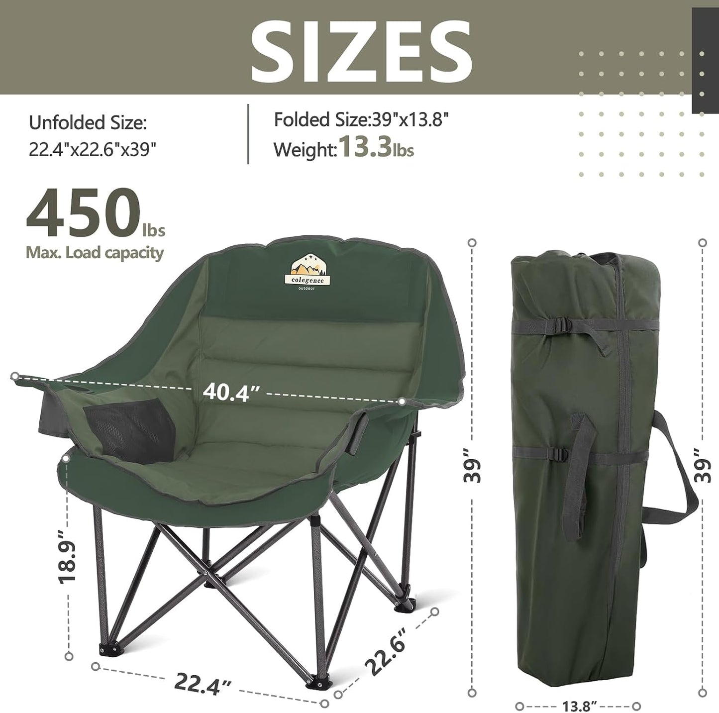 Silla campamento acolchada XL plegable 450lb con bolsillo