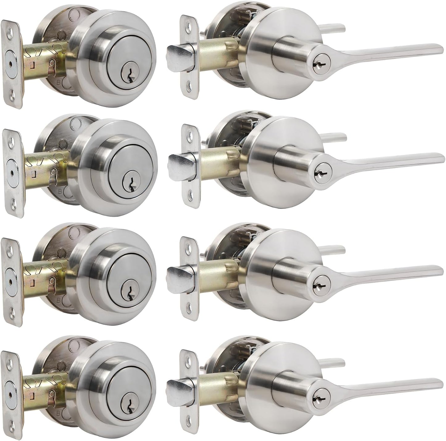 Pack 4 manijas puerta exterior con llave níquel satinado