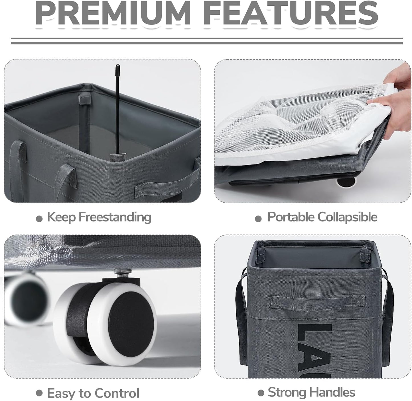 Cesta lavandería rodante 75l plegable con bolsa extraíble gris