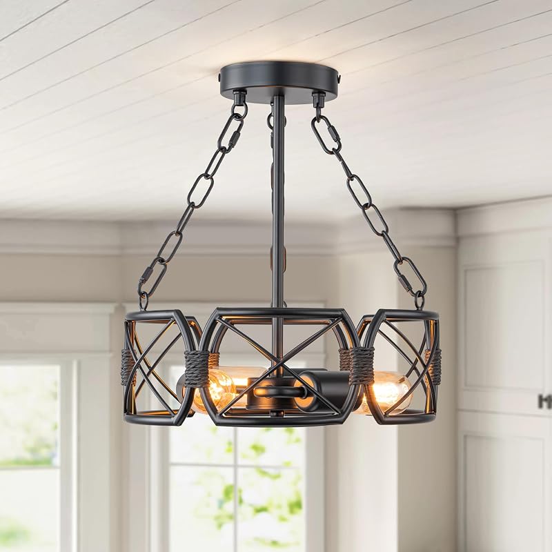 Lámpara techo 3 luces industrial negra jaula rústica cocina