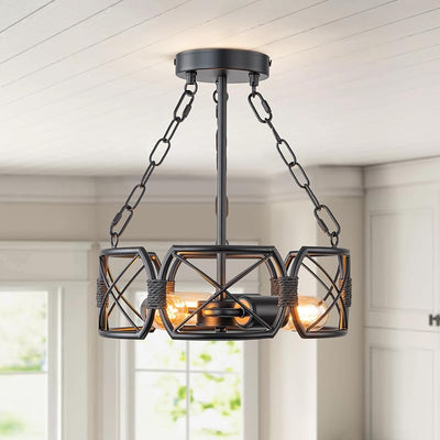 Lámpara techo 3 luces industrial negra jaula rústica cocina