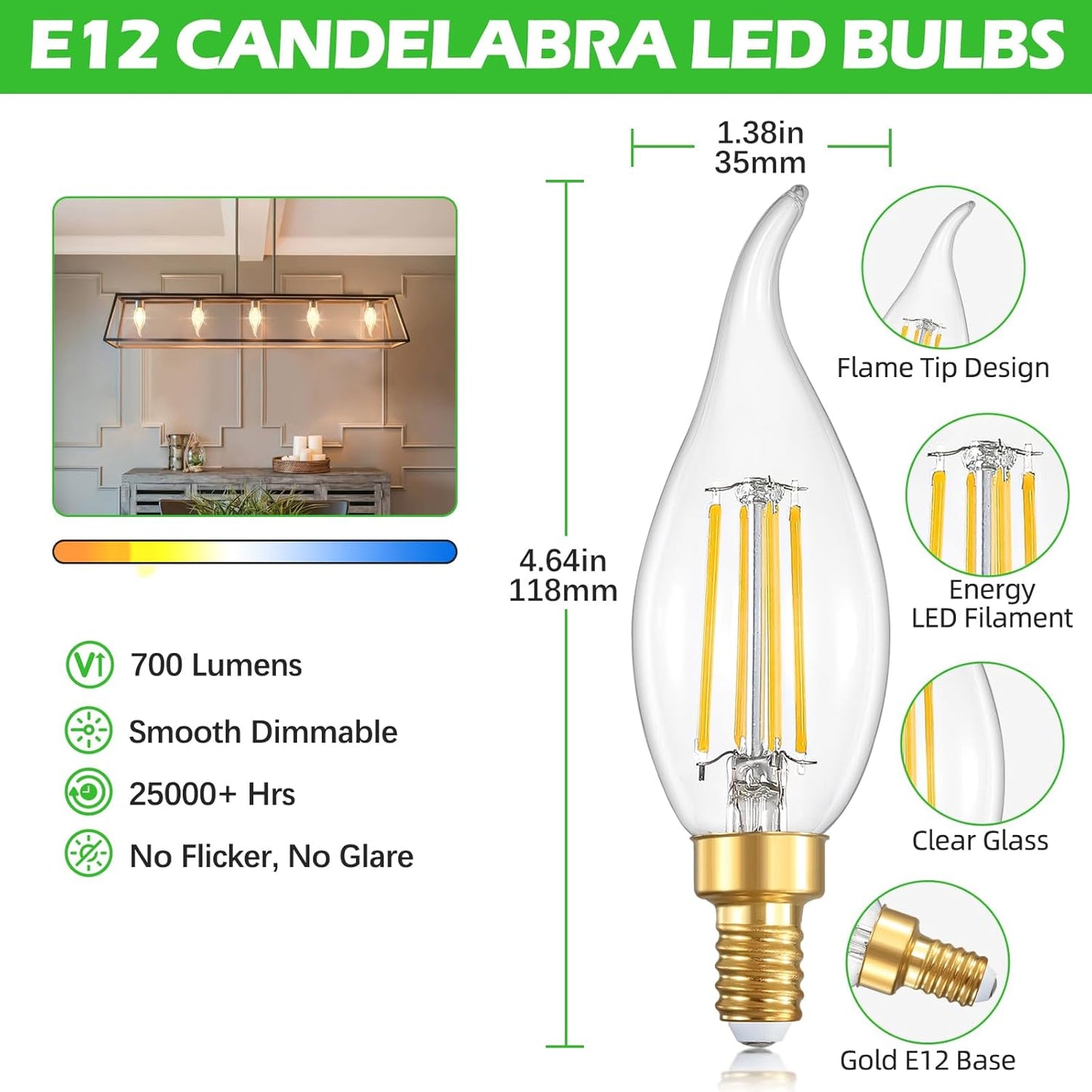 12 Pzas Bombillas LED Regulables 60W Candelabro Blanco Día
