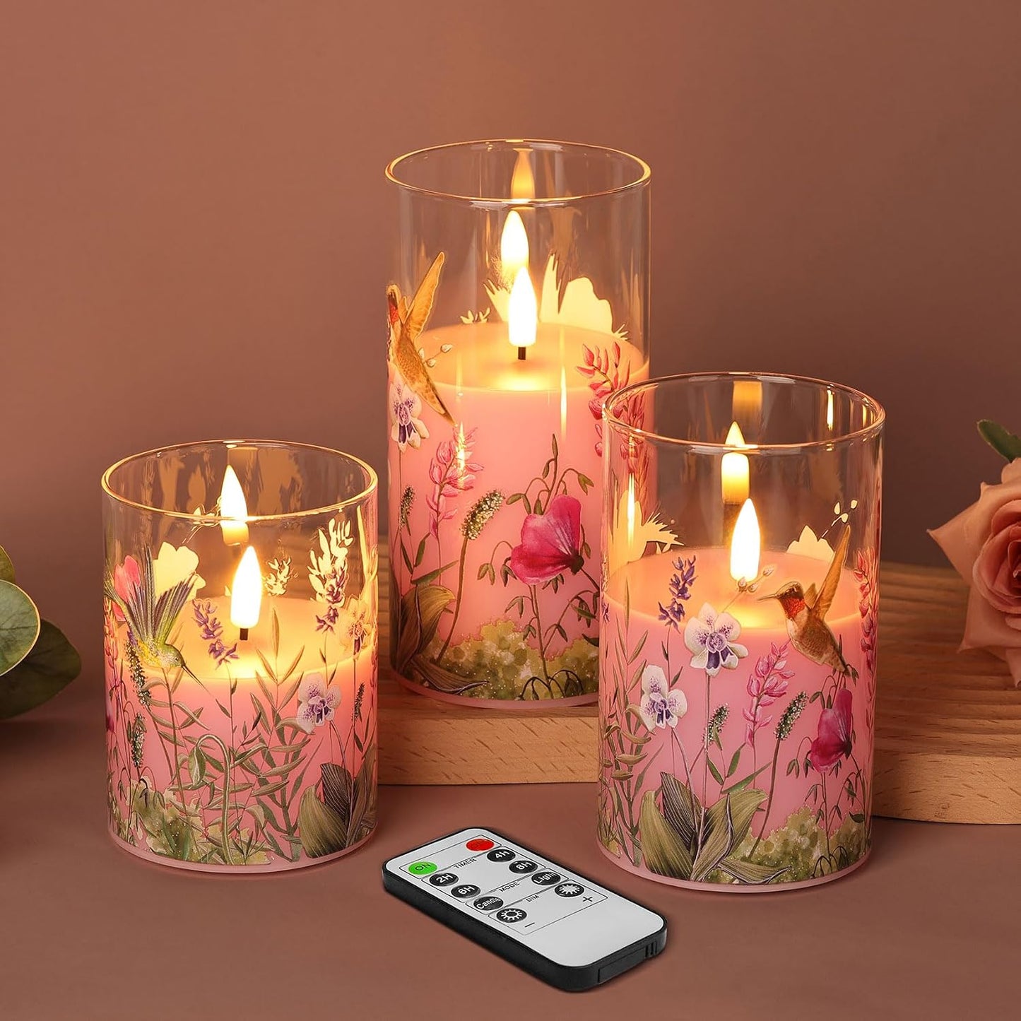 Velas LED colibrí rosa vidrio control remoto set 3