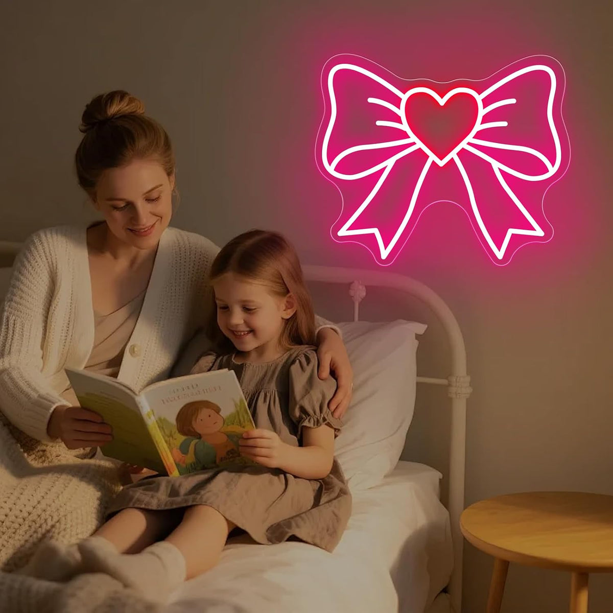 Letrero neón corazón lazo rosa LED para niñas dormitorio