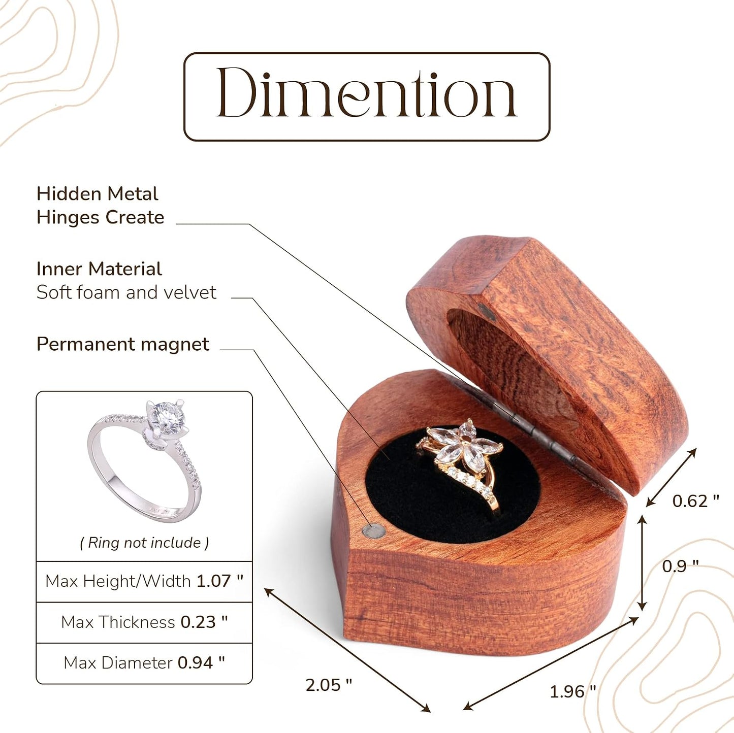 Caja anillo forma corazón madera grabada
