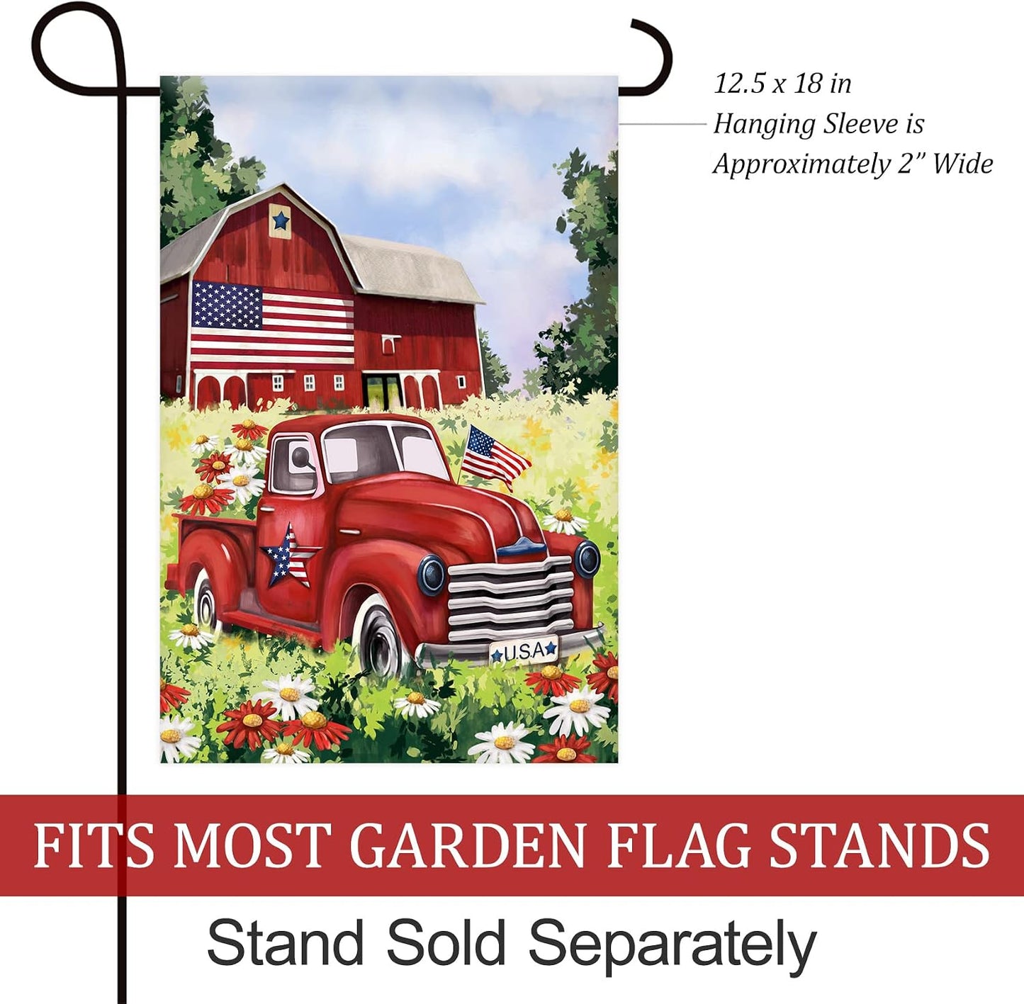 Bandera patriótica Estados Unidos diseño floral camión rojo jardín