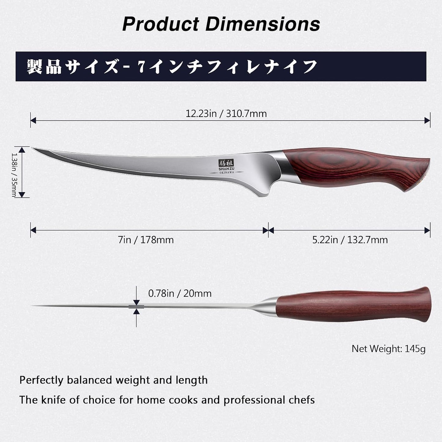 Cuchillo filetear 7pulg acero japonés 10Cr15Mov hoja