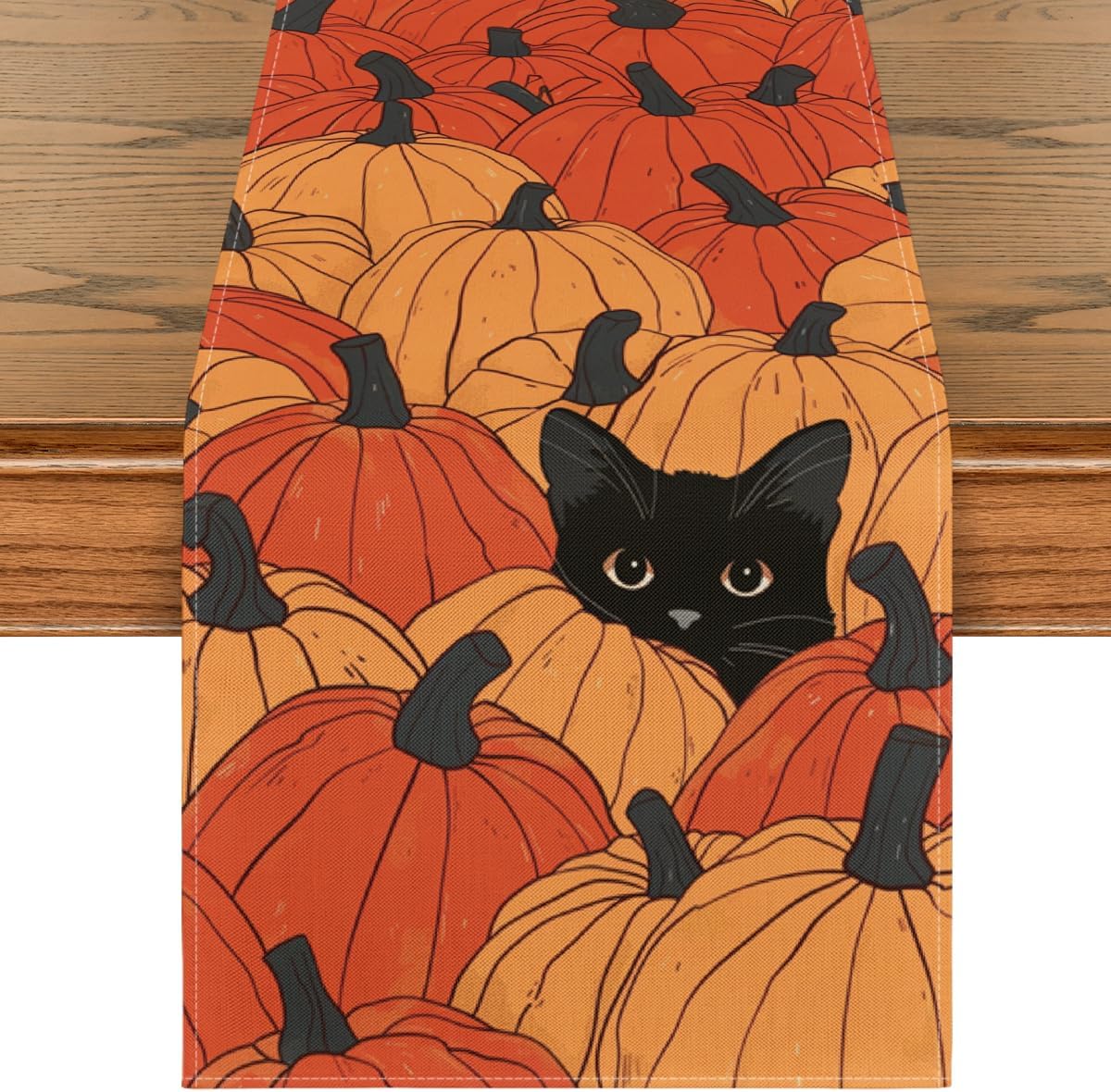 Calabazas gato negro camino mesa otoño decoración 13x36pulg